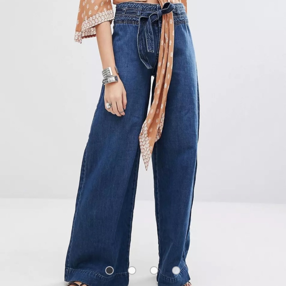 Free People Augusta Wide Leg Denim Tie Waist Jeans